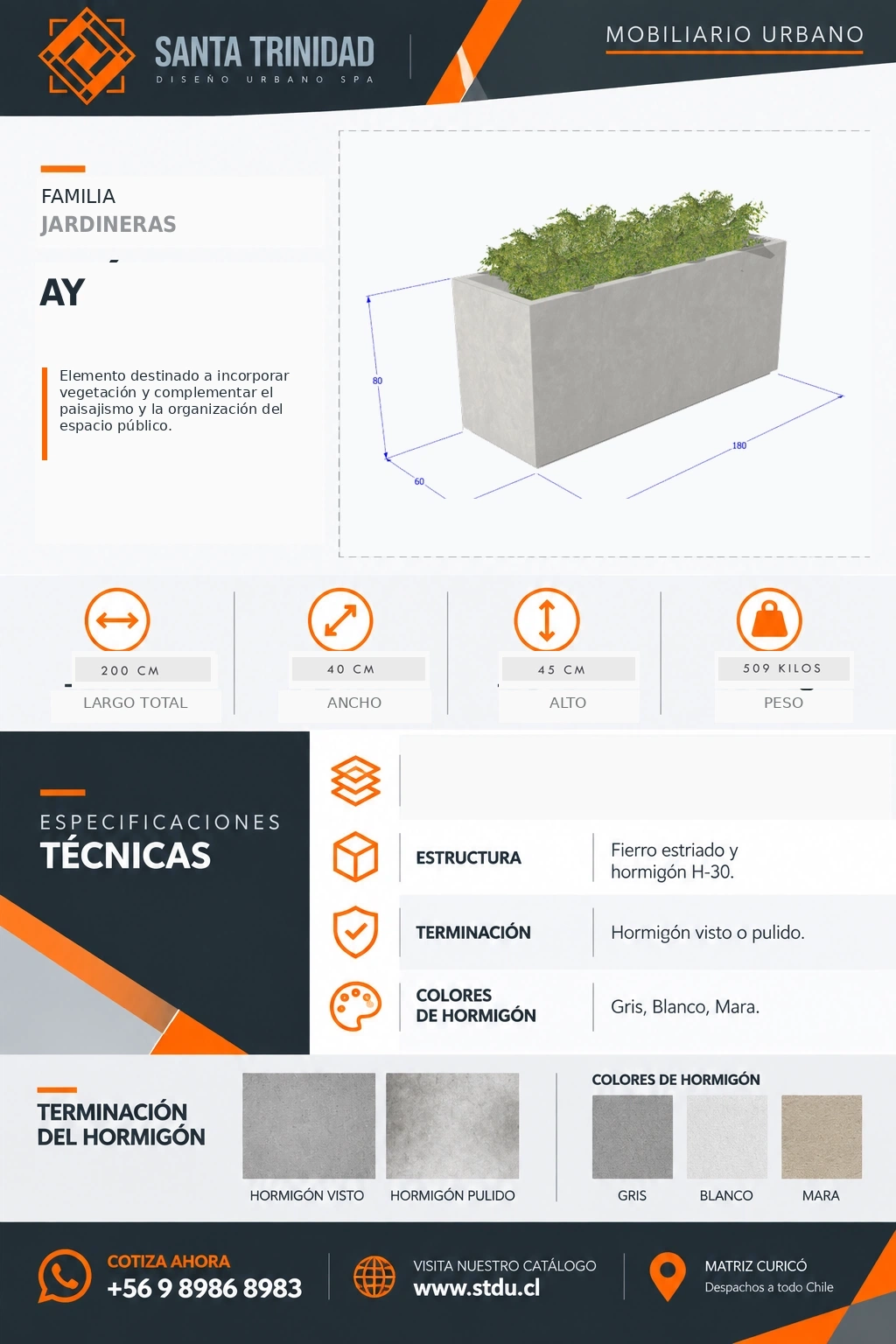 Jardinera rectangular 180/60/80, mobiliario urbano STDU
