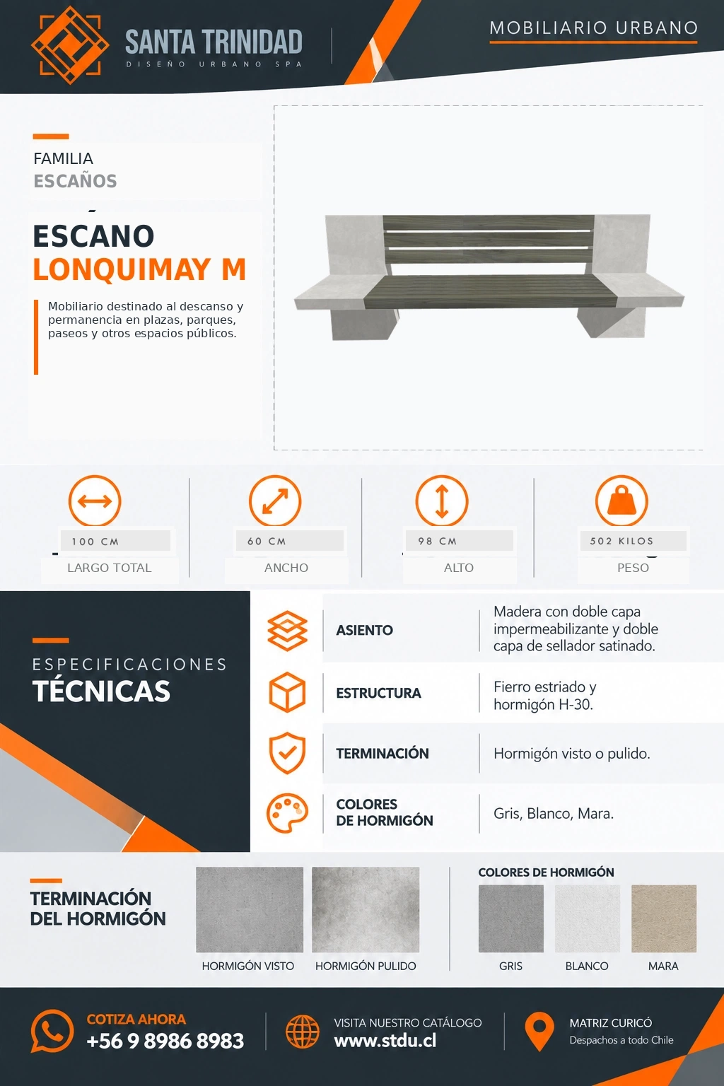 Escaño Lonquimay 230 cm estándar, mobiliario urbano STDU