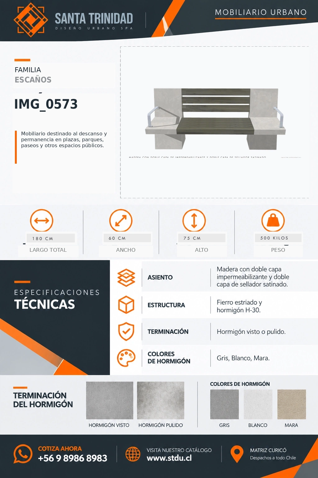 Escaño Lonquimay 180 cm inclusivo, mobiliario urbano STDU