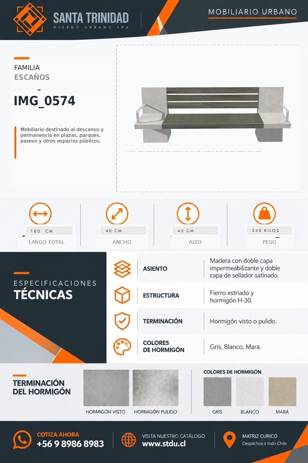 Escaño Lonquimay 230 cm inclusivo, mobiliario urbano STDU