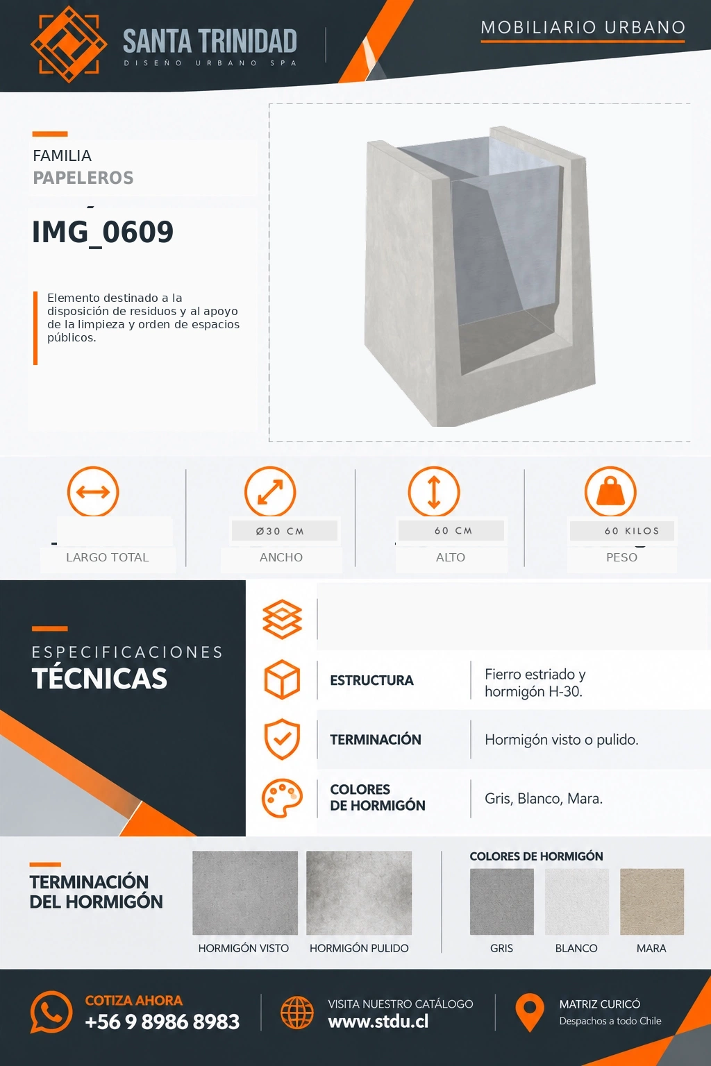 Papelera 70 con tacho inoxidable, mobiliario urbano STDU