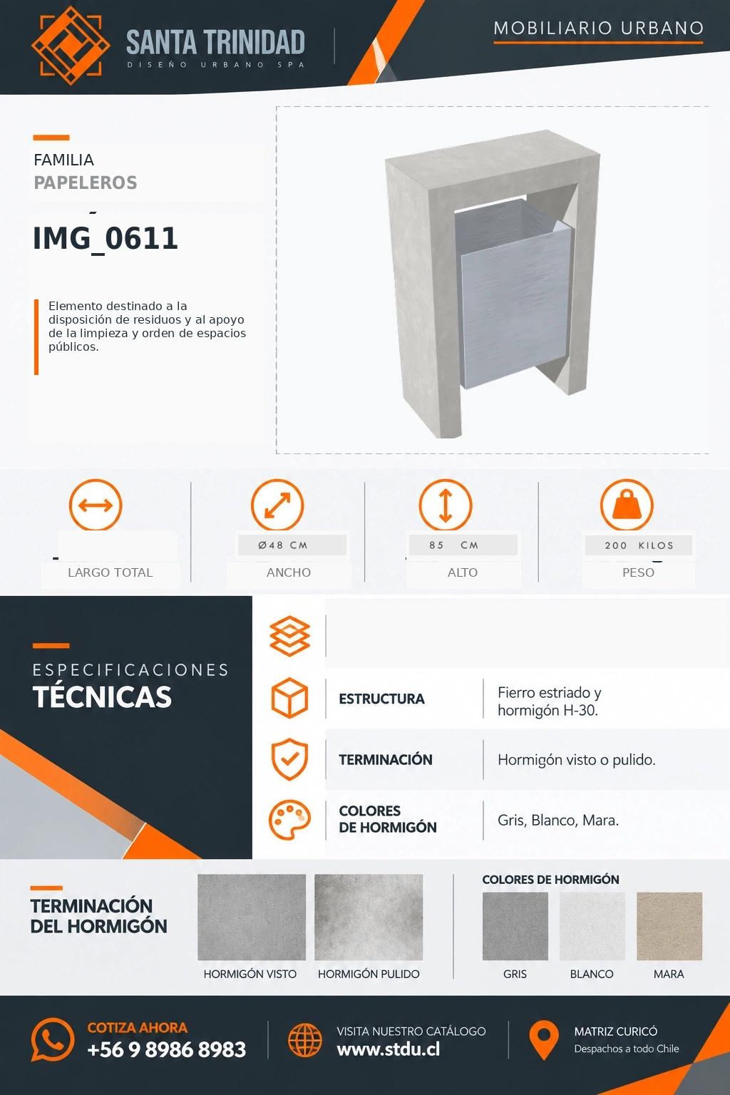 Papelera 90 con tacho inoxidable, mobiliario urbano STDU