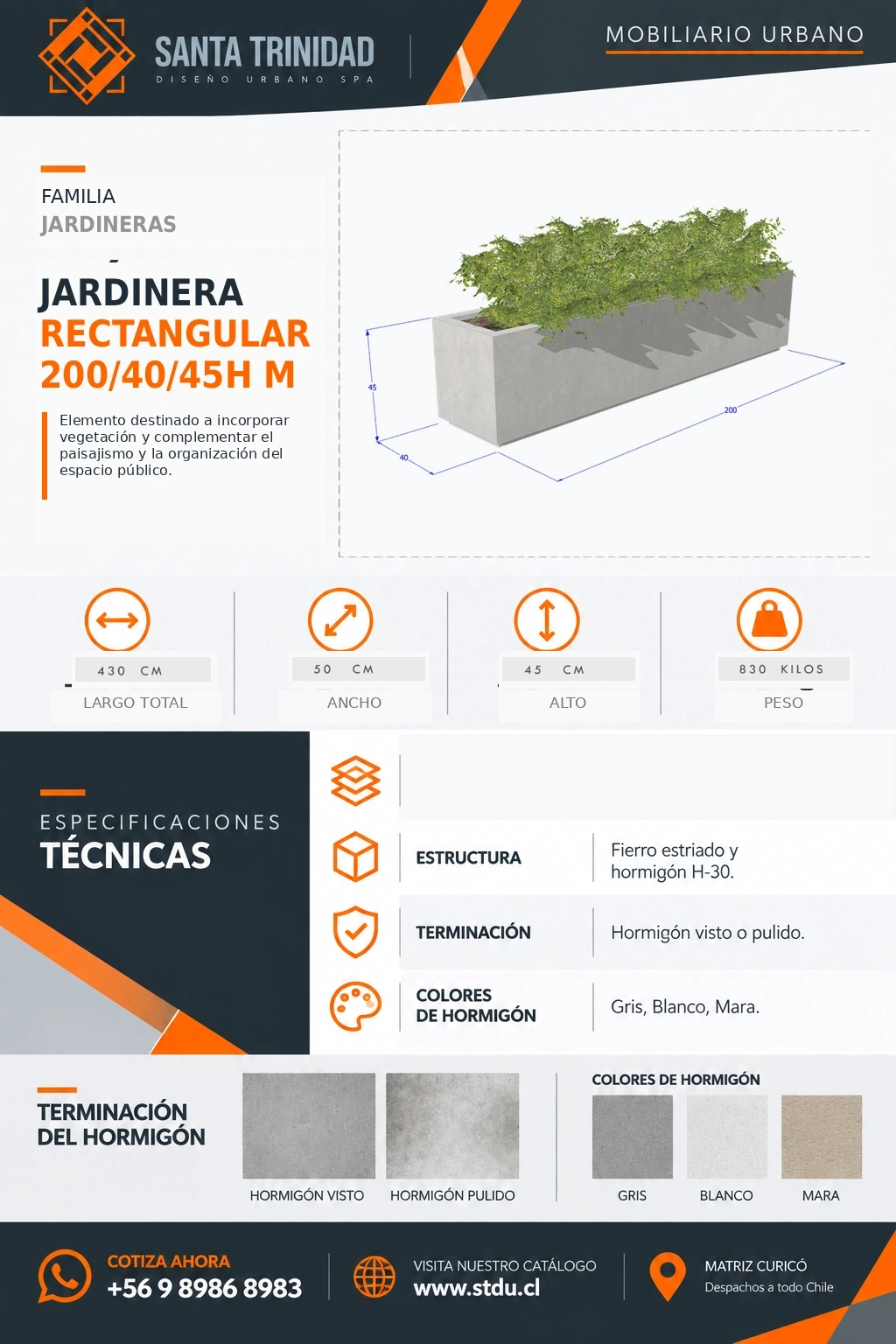 Jardinera Rectangular 200-40-45H, mobiliario urbano STDU