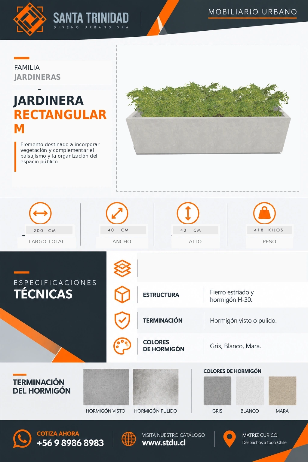 Jardinera rectangular 180/60/55, mobiliario urbano STDU