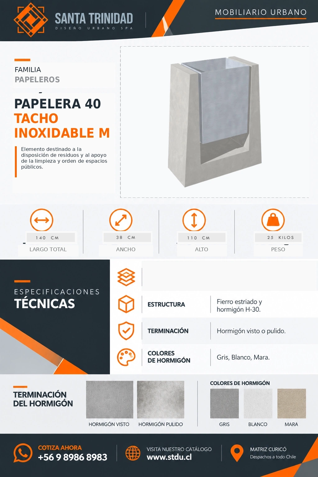 Papelera 40 Tacho Inoxidable, mobiliario urbano STDU