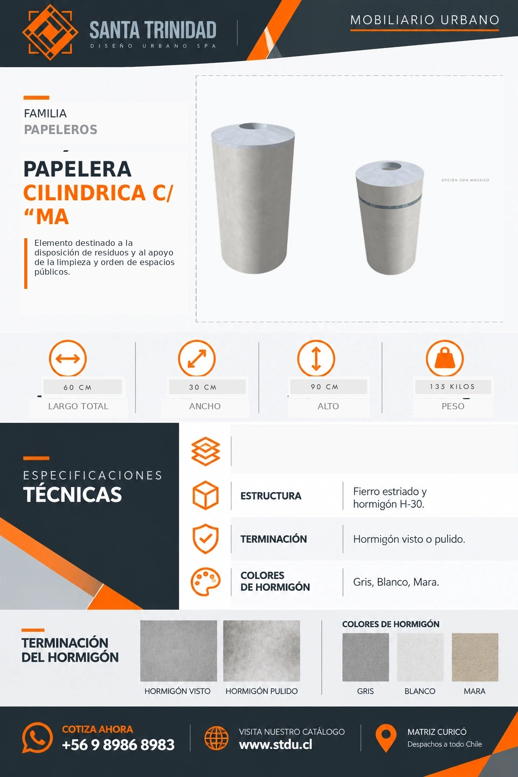 Papelera cilíndrica con tapa, mobiliario urbano STDU