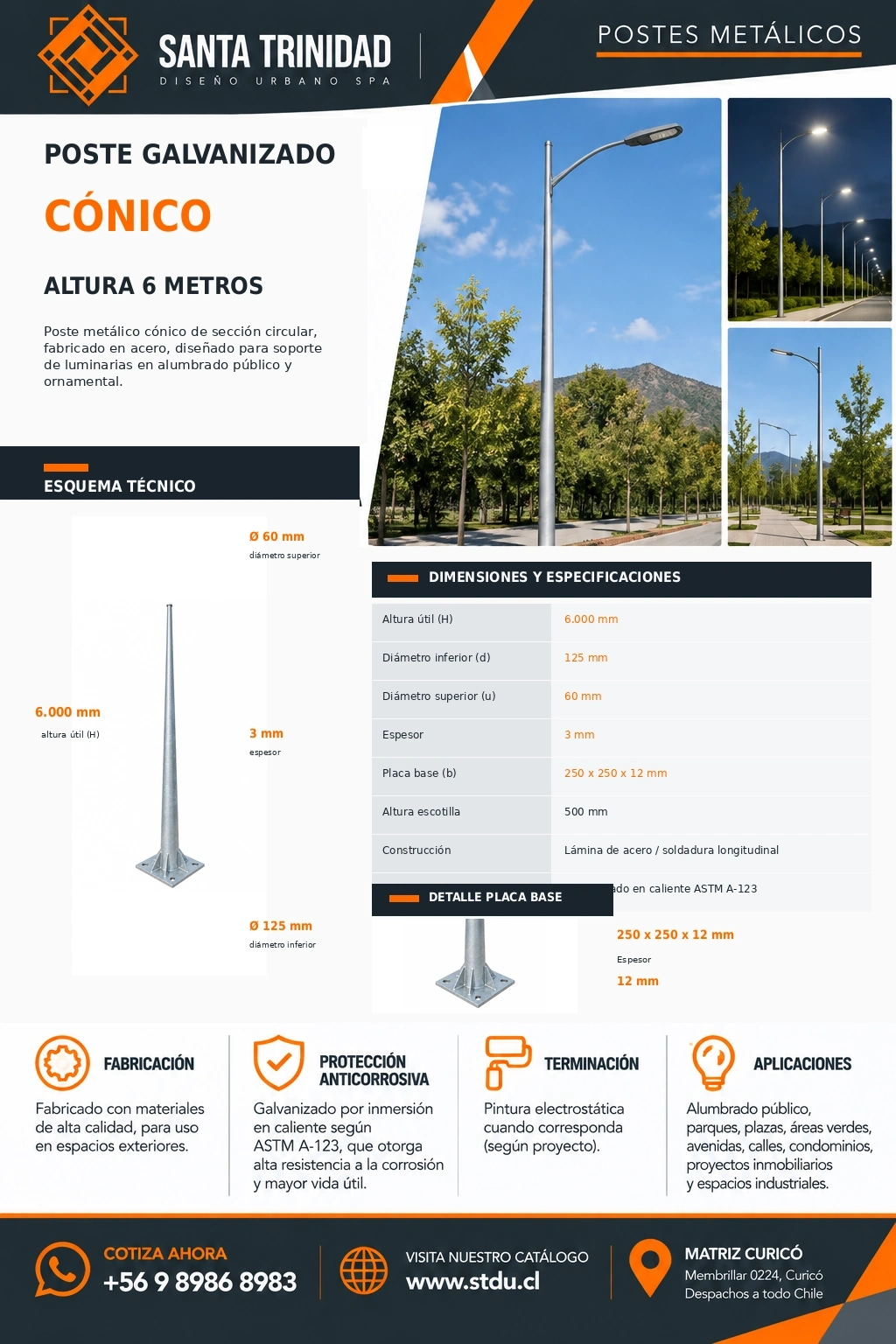 Poste cónico galvanizado 6 m STDU